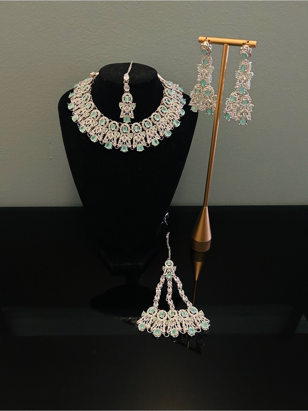 Silver-plated American Diamond Necklace with Earrings and Tikka set - Picture 2 of 6